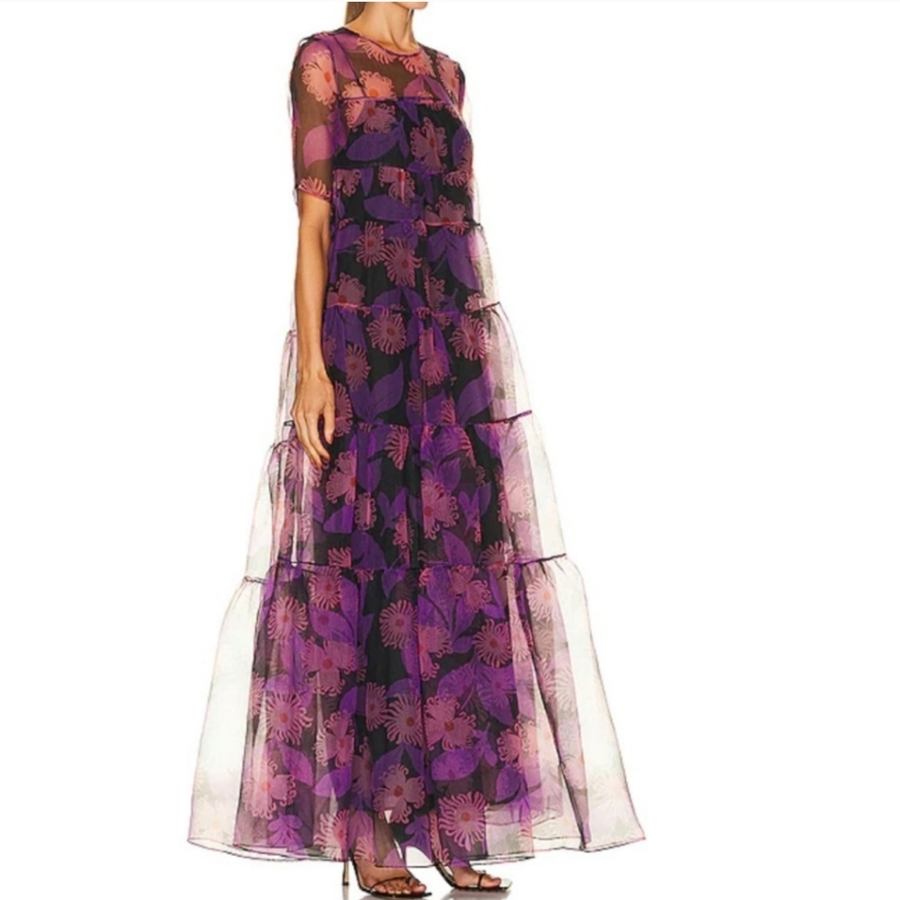 Staud Hyacinth Crepe Organza Tiered Maxi Dress in Quartz Acid Floral - Picture 2 of 12